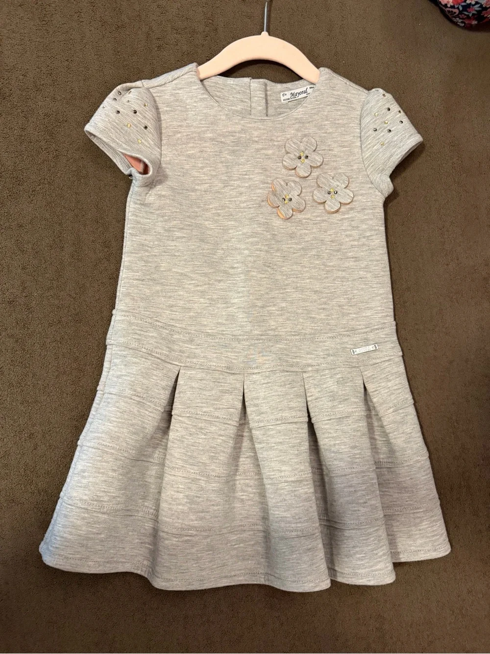 Mayoral Cream Knit Pleated Dress with Floral Appliqués